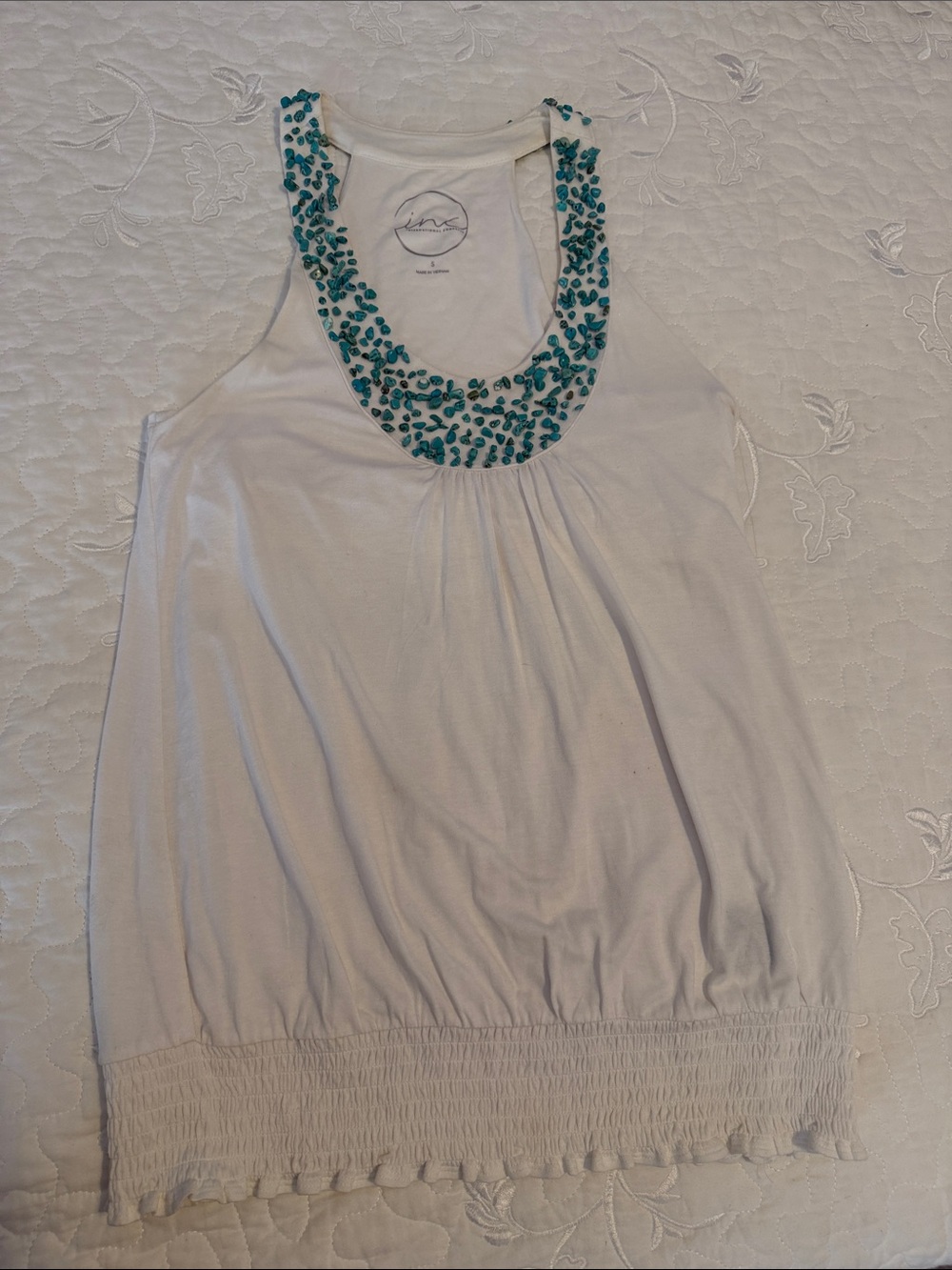 INC White Tank with Teal Beaded Scoop Neckline